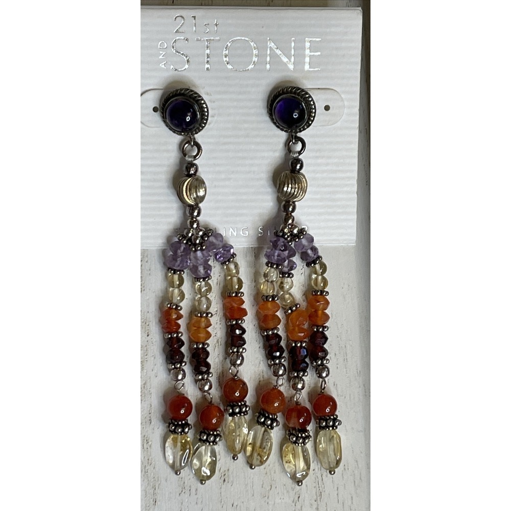 Sterling Silver Colorful Gemstones Earrings Amethyst Garnet Dangling Chandelier